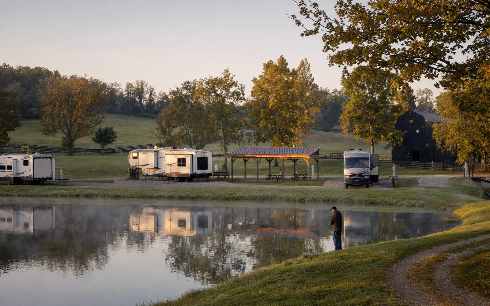 Travel trailers parked on level gravel pads beside a small pond in rolling Kentucky farmland at sunrise, AI-generated illustration