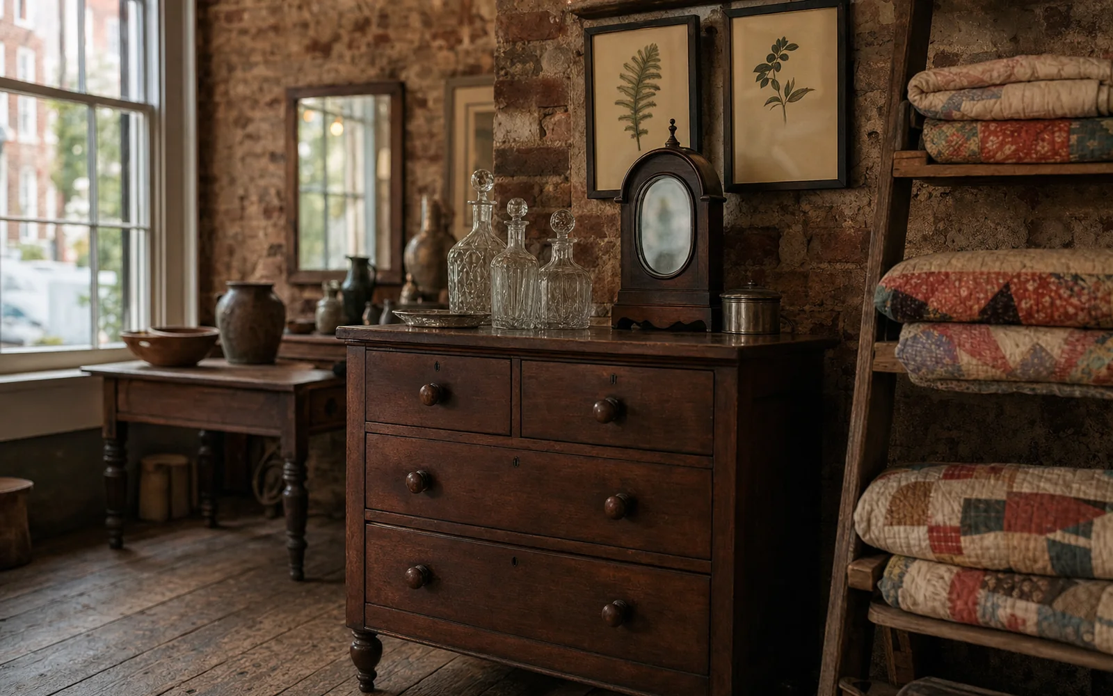 Antique shop interior with a walnut chest of drawers, stacked quilts, cut-glass decanters and an old mantel clock in warm window light, AI-generated illustration