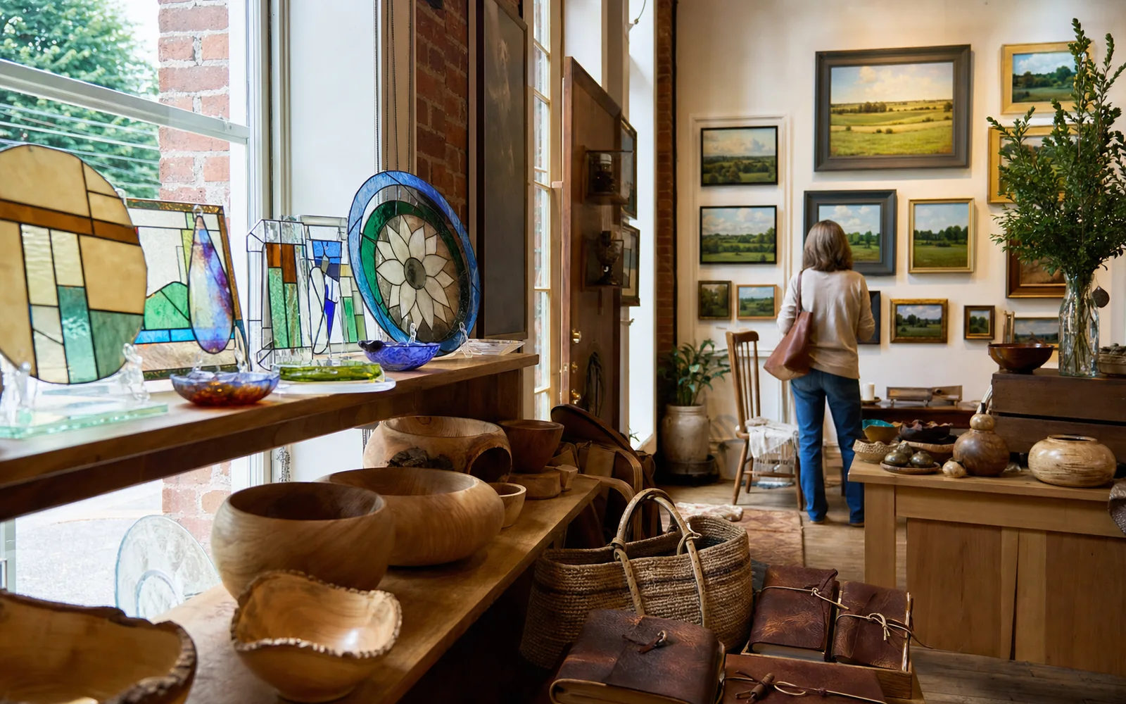 Small gallery room with turned wooden bowls, stained-glass panels and framed landscape paintings on white walls, AI-generated illustration