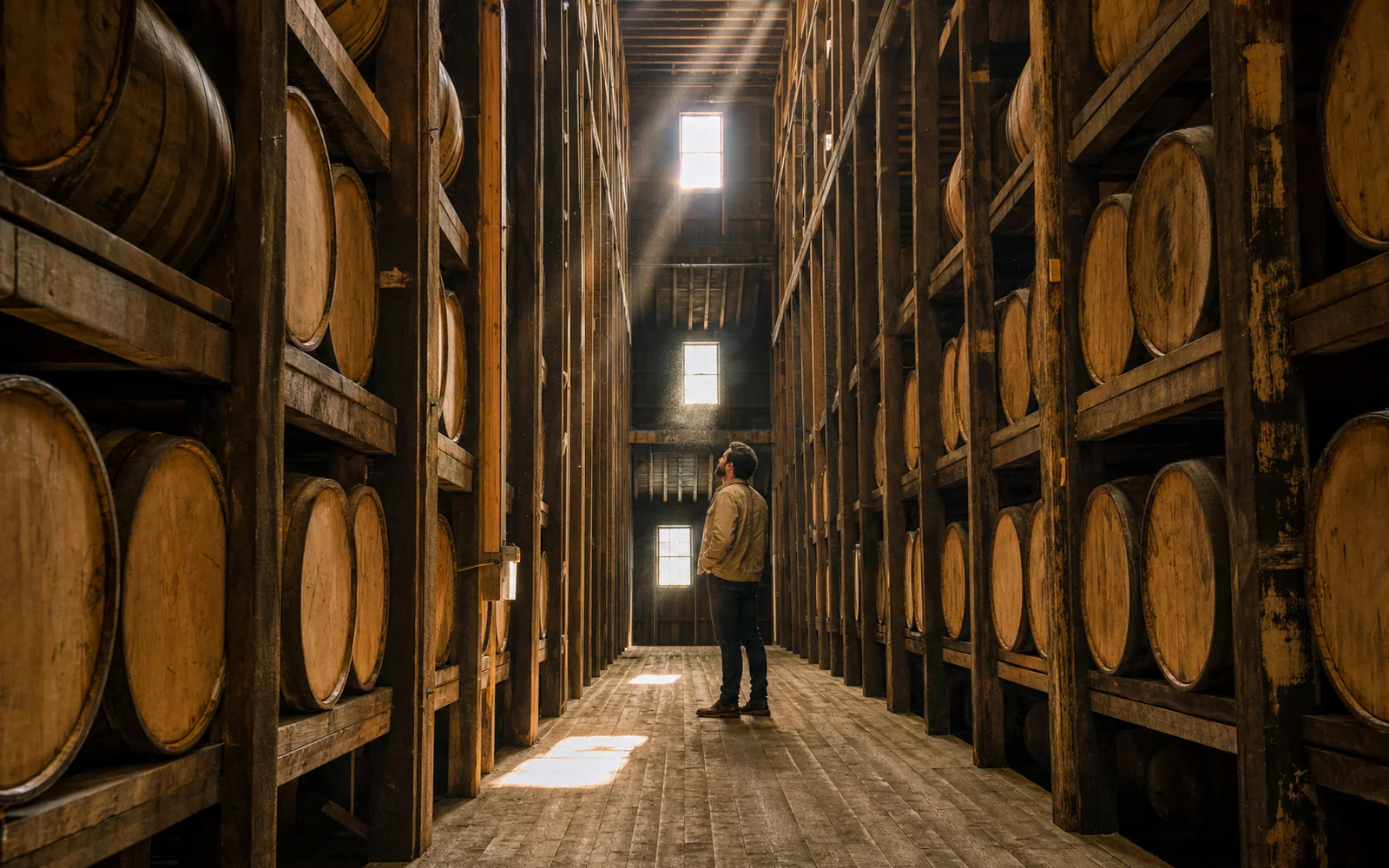 Long rows of charred oak bourbon barrels stacked on wooden ricks inside a dim rickhouse, lit by shafts of light from small windows, AI-generated illustration