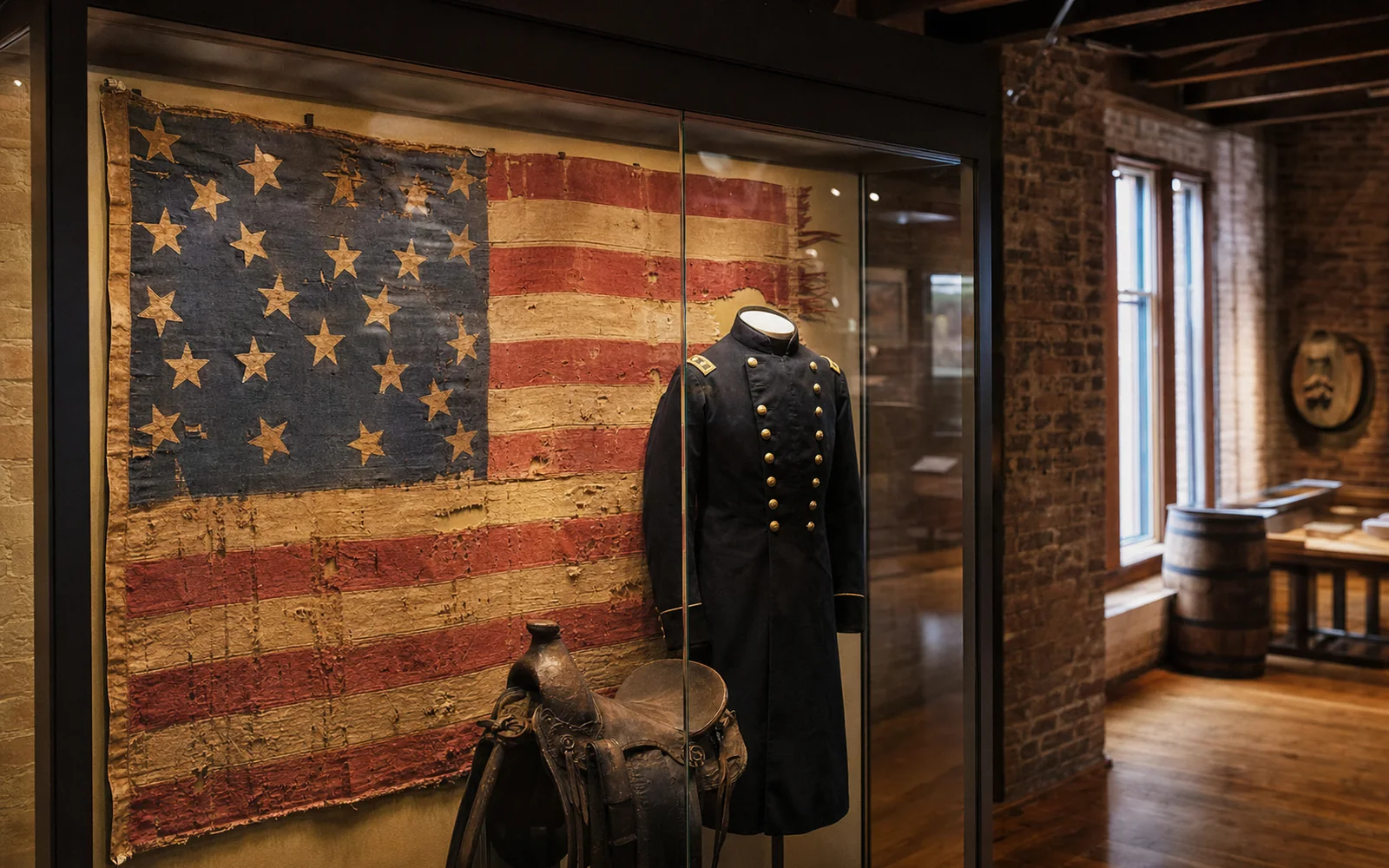 Faded Civil War cavalry flag in a glass museum case beside a brass-buttoned wool uniform coat under soft gallery light, AI-generated illustration