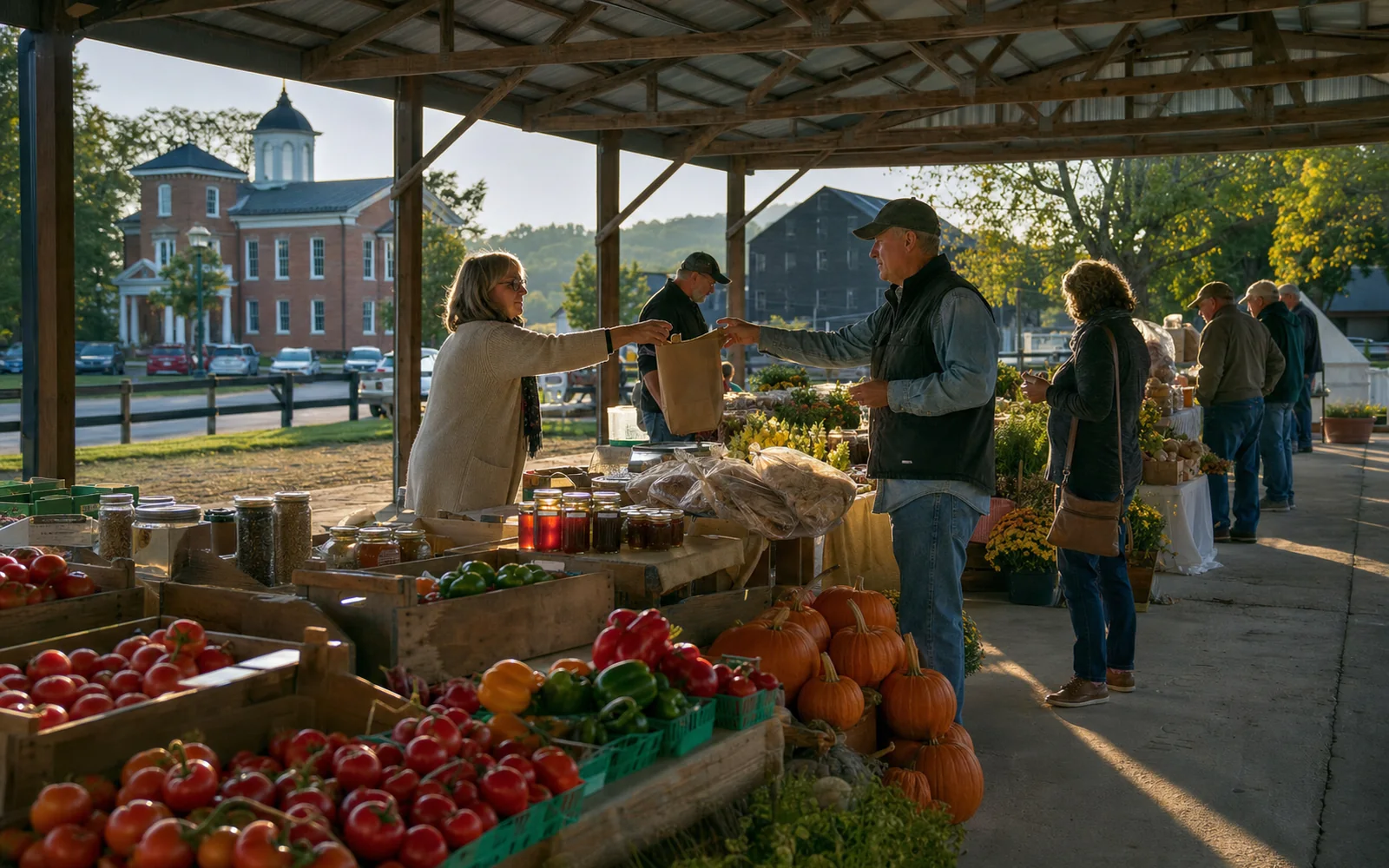 Farmers market tables under an open-sided pavilion piled with tomatoes, peppers, honey jars and pumpkins in morning light, AI-generated illustration