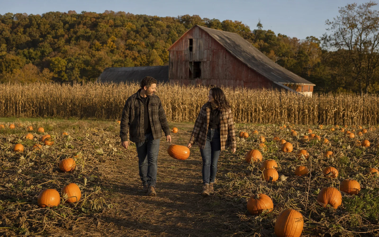Couple carrying a pumpkin across a patch of orange pumpkins beside tall dry cornstalks and a weathered red barn in autumn light, AI-generated illustration