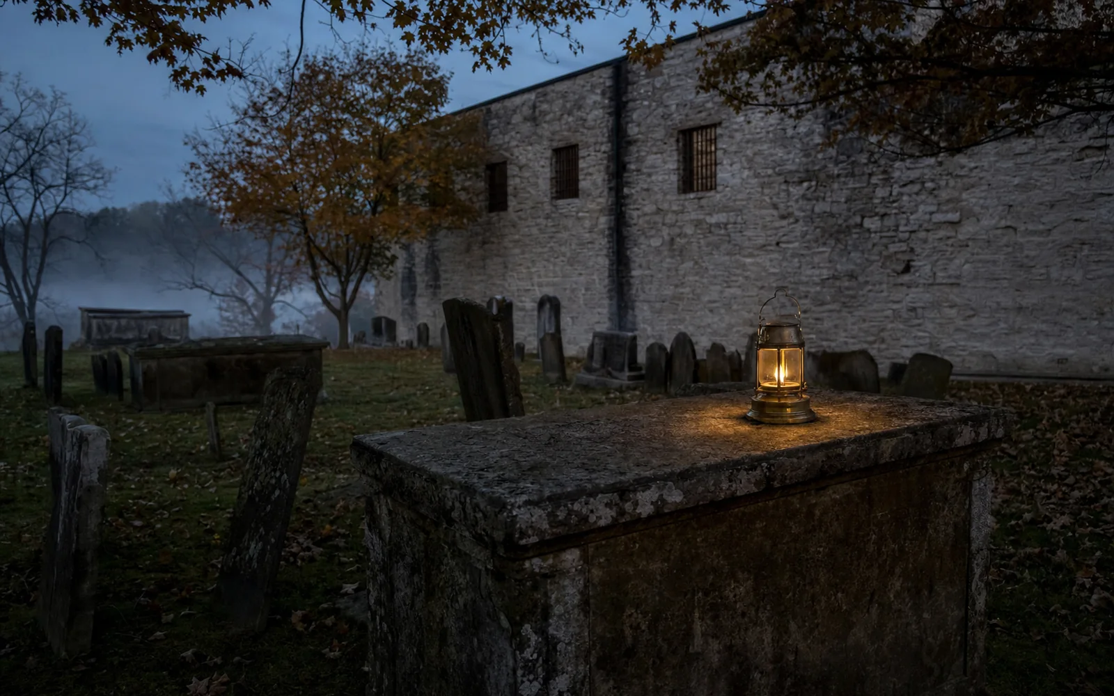 Weathered above-ground stone chest tombs in a small old cemetery at dusk, with a lit lantern resting on one slab, AI-generated illustration
