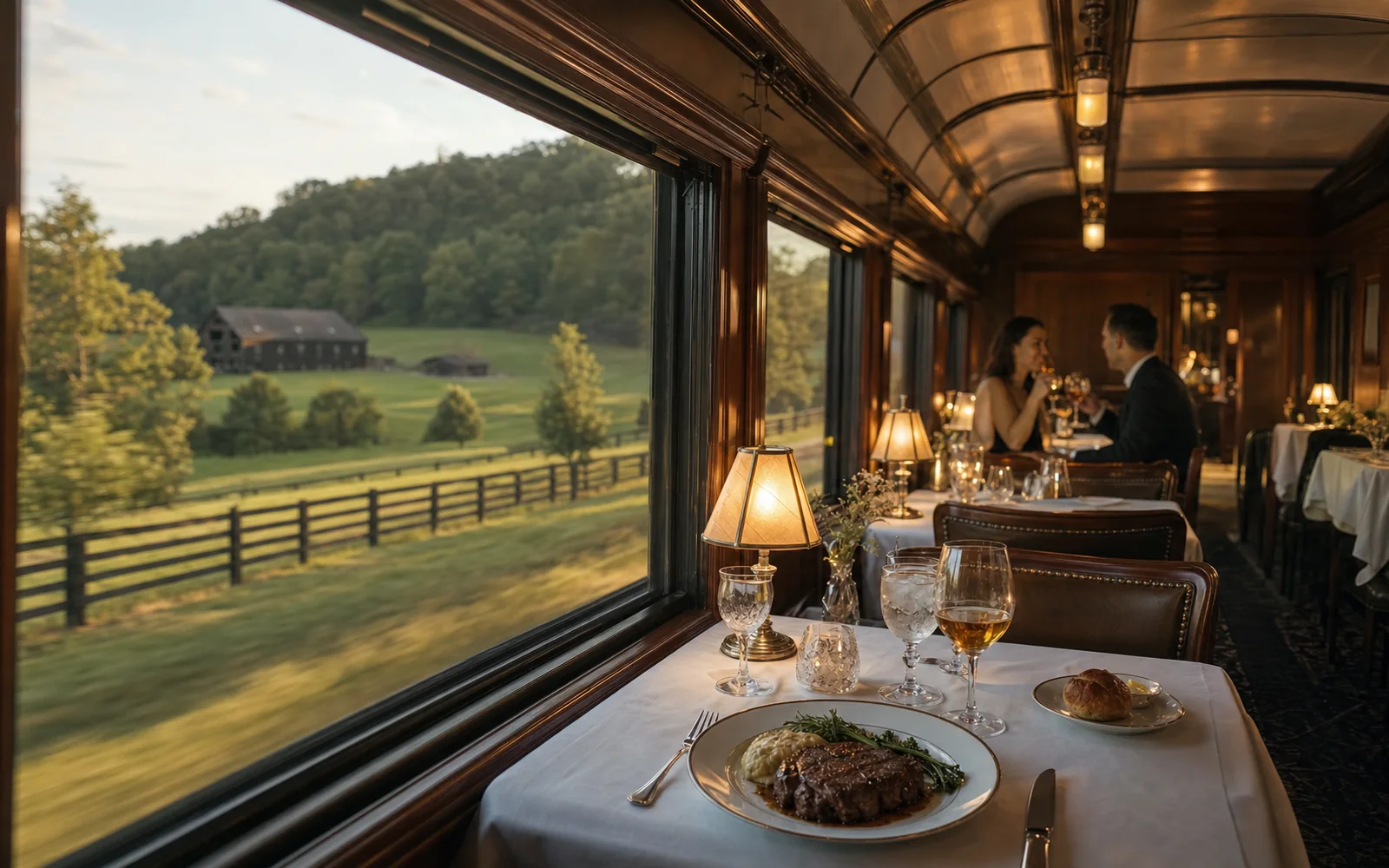 Inside a restored vintage railroad dining car set with white tablecloths, table lamps and wine glasses, with green countryside passing the windows at dusk, AI-generated illustration