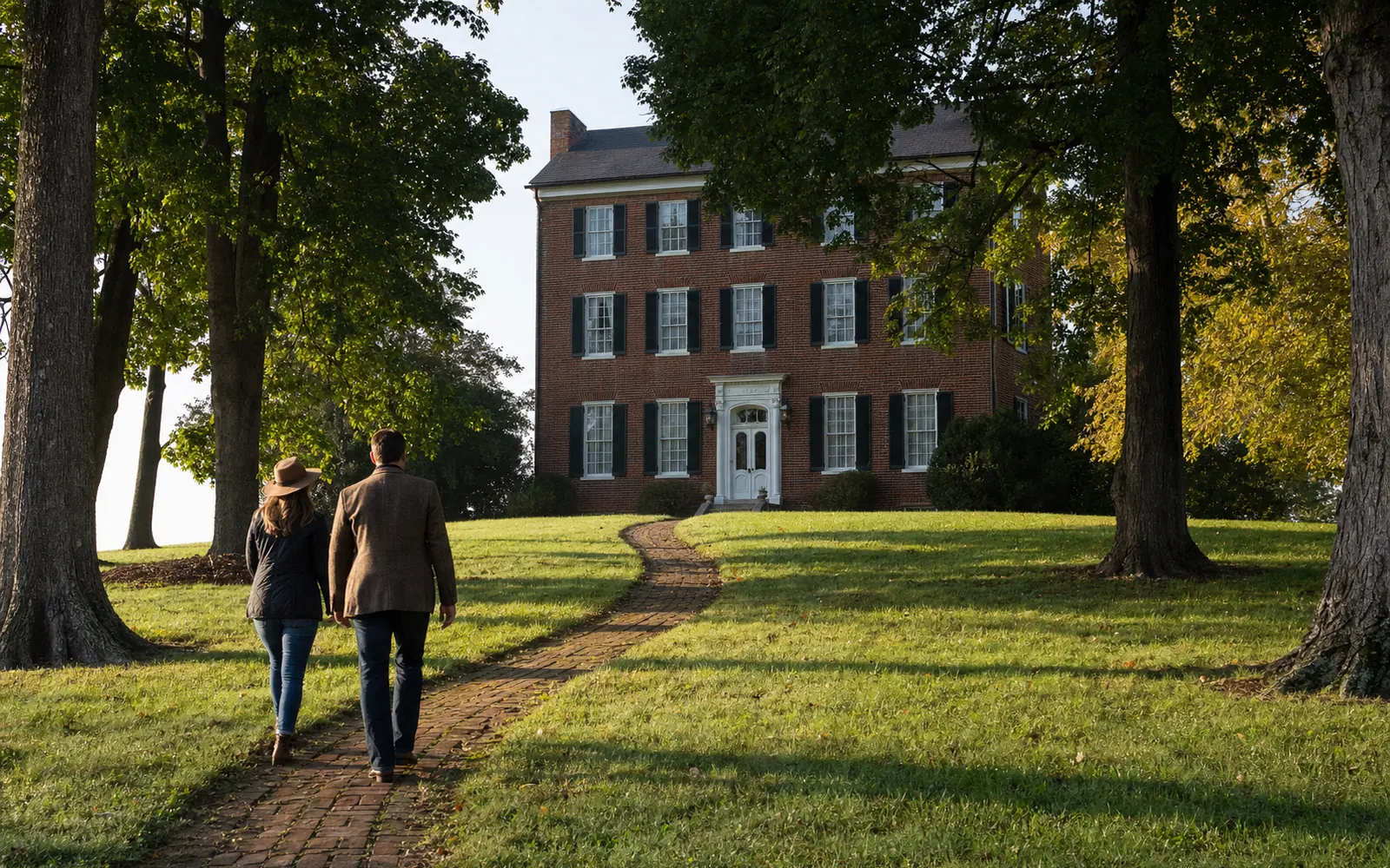 Three-story red brick Federal-style mansion with a white-columned entry porch behind a green lawn and old shade trees in morning light, AI-generated illustration