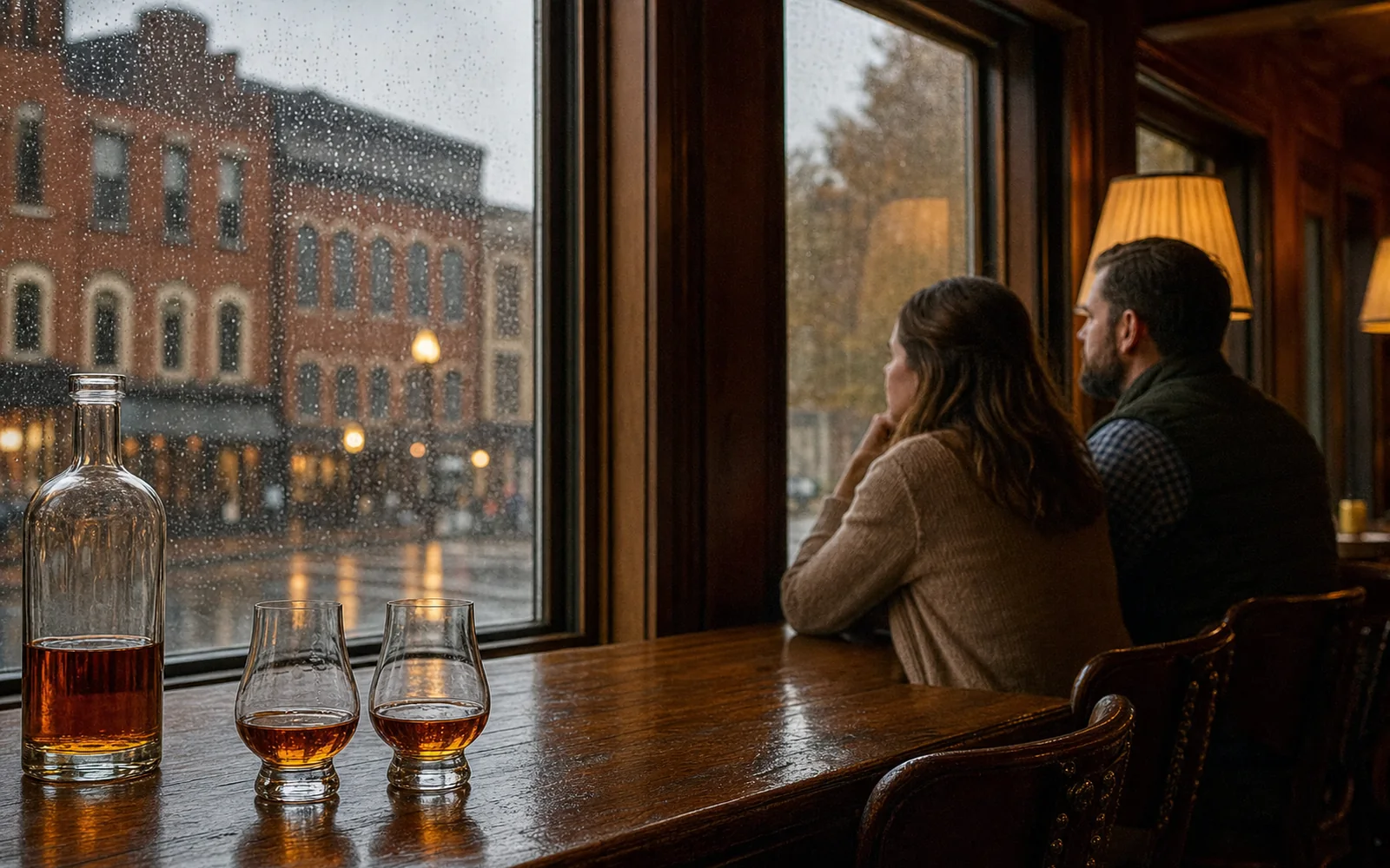 Two tasting glasses of amber whiskey on a wooden bar beside a tall rain-streaked window overlooking a wet brick street, AI-generated illustration