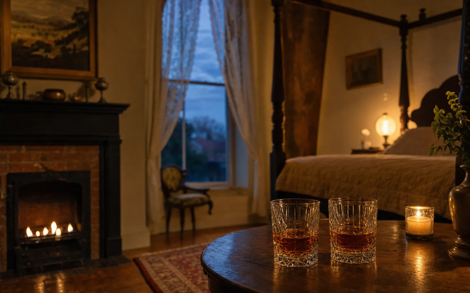 Two glasses of bourbon on a small table in front of a lit fireplace in an antique-furnished guest room, AI-generated illustration
