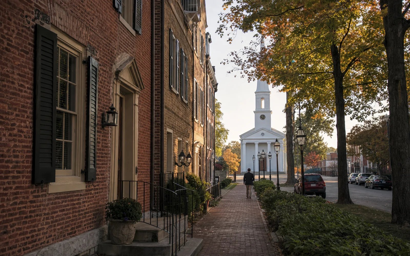 Brick sidewalk along a row of two-story Federal-style brick buildings with shuttered windows leading toward a white church steeple, AI-generated illustration