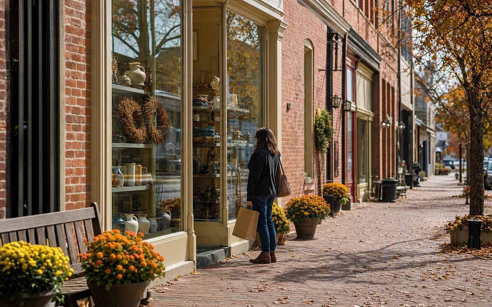 Row of small brick storefronts with display windows and potted mums along a brick sidewalk in autumn, AI-generated illustration