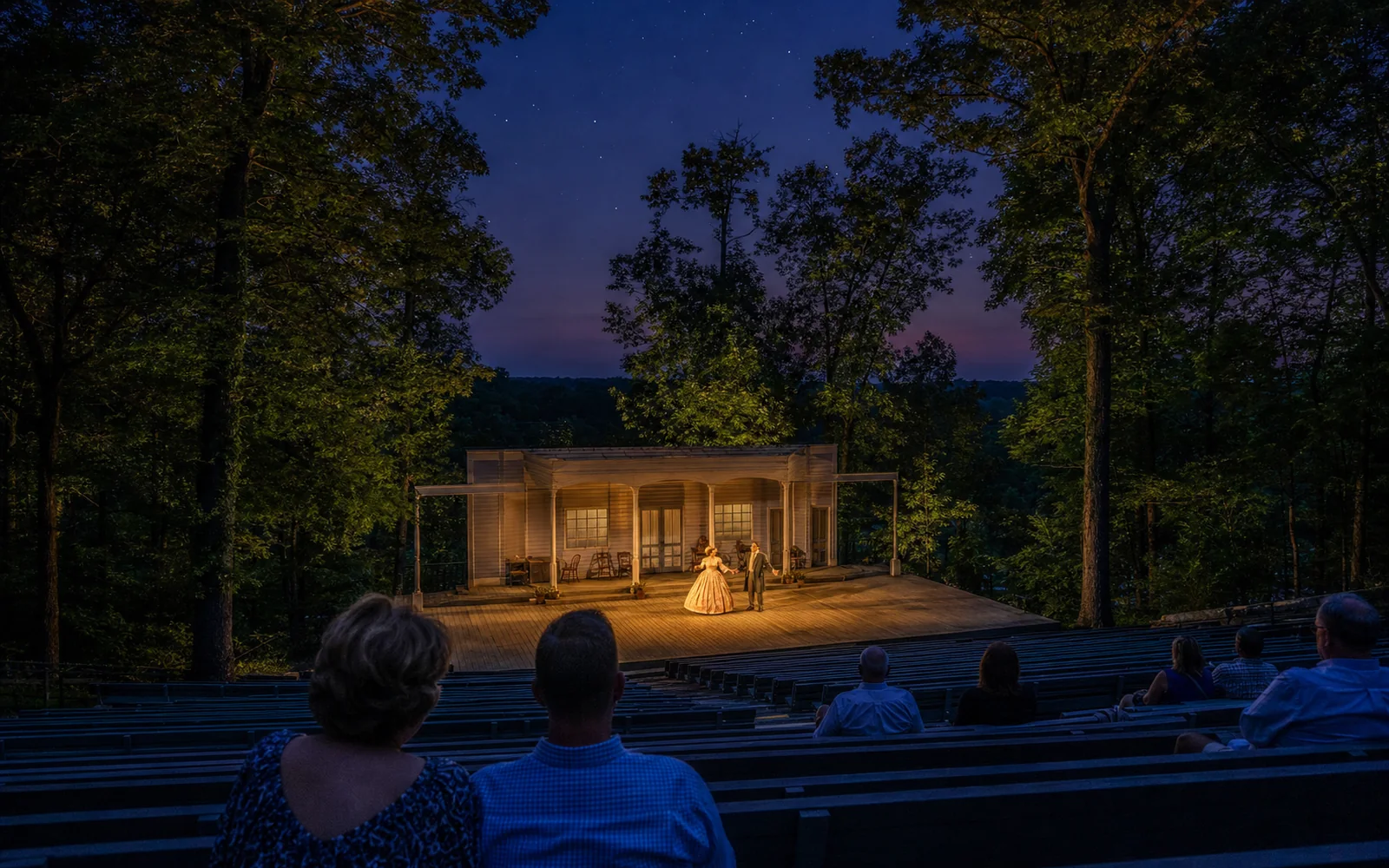 An open-air amphitheater stage lit warm gold at dusk, with tiered seats and dark trees against a violet summer sky, AI-generated illustration