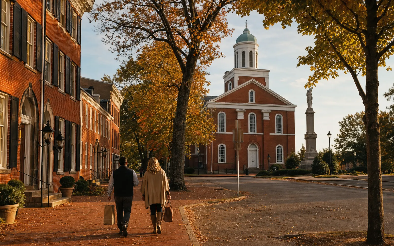 Red brick Federal-style storefronts around a small-town square with an old courthouse in the center, fall trees and late-afternoon light, AI-generated illustration