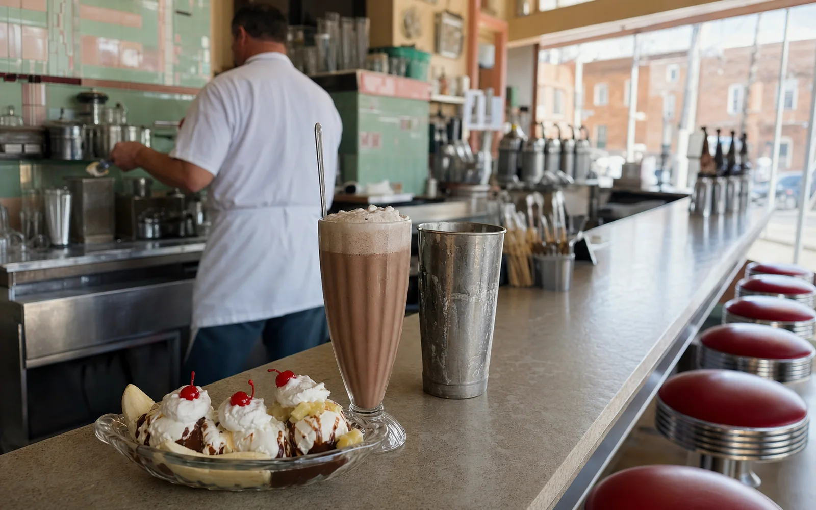 Chocolate malt in a fluted glass with its metal mixing tin beside a banana split on an old-fashioned soda fountain counter, AI-generated illustration